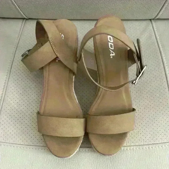 Tan Wedge Sandals with Ankle Strap - Picture 6 of 7